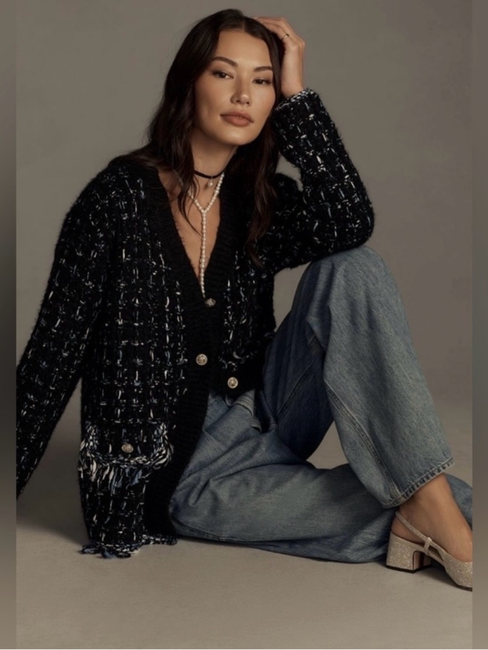 Anthropologie Black Tweed Fringe Cardigan SOFT -size small NWT - Picture 8 of 11